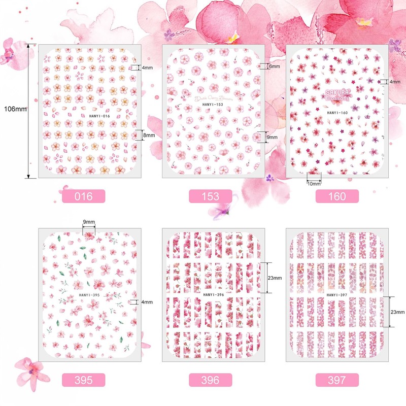 Chisafly Nail Stickers, Flowers, Cherry Blossoms, Nail Stickers, Double Cherry