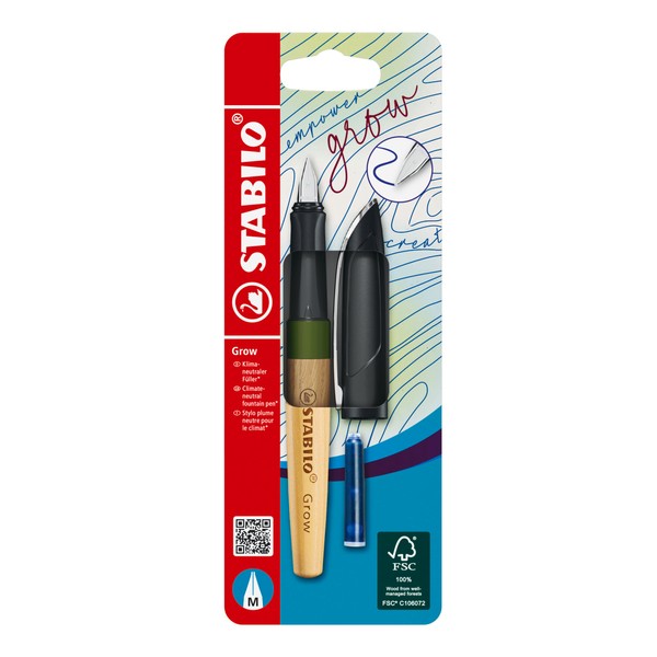 STABILO Grow Climate Neutral Fountain Pen in Moss Green / Oak - Single Pen - Includes Cartridge - Blue (Erasable)