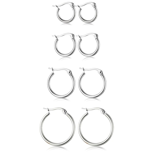 ORAZIO 4 Pairs Stainless Steel Hoop Earrings Set Cute Huggie Earrings for Women,Silver-Tone,10MM-20MM