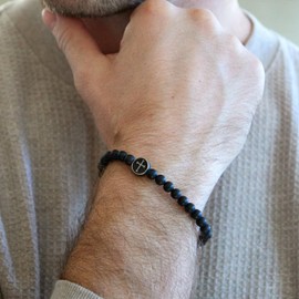 EVE'S ADDICTION Men's Black Agate Cross Bead Bracelet - Bracelets for Men - Gifts for Dad