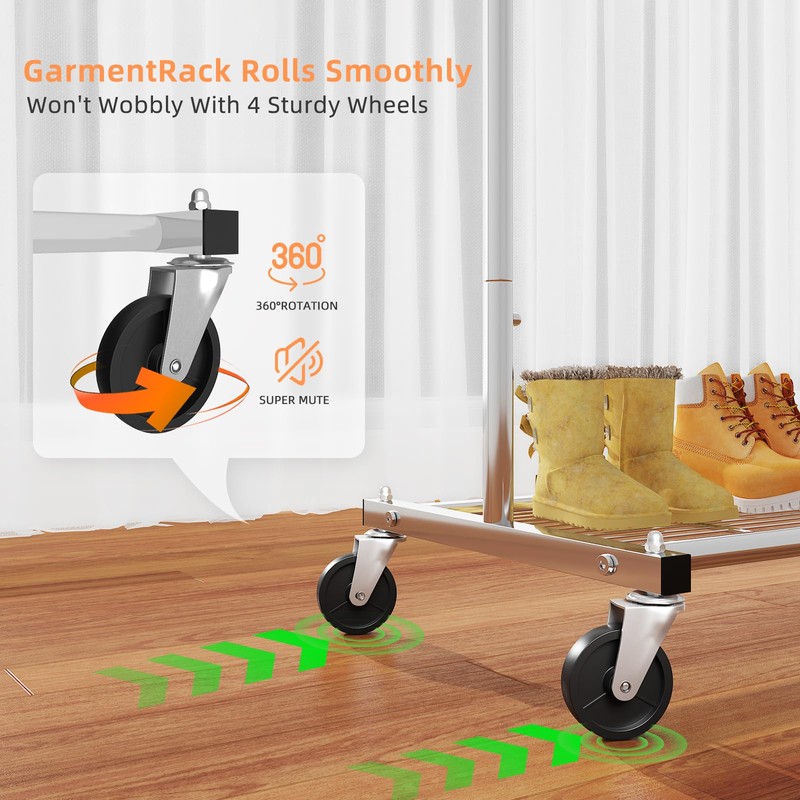Simple Trending Standard Clothing Garment Rack, Rolling Clothes Organizer with