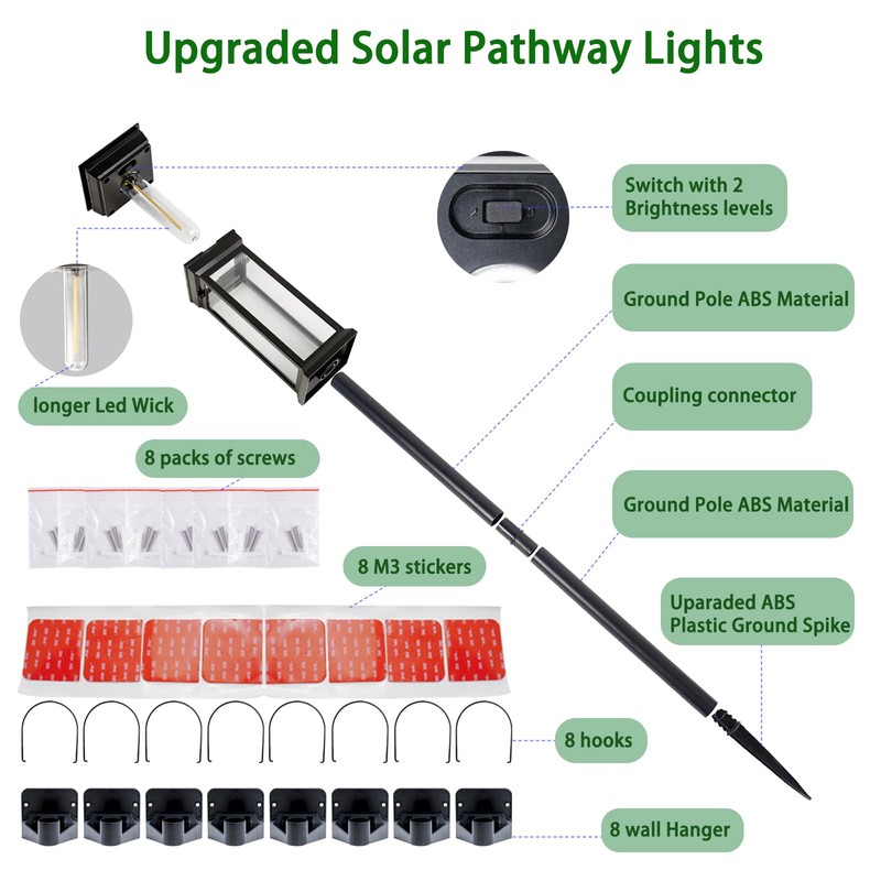 Sublume Solar Pathway Lights Outdoor 8 Pack, 3-in-1(Stake/Wall Mounted/Hang Lantern)