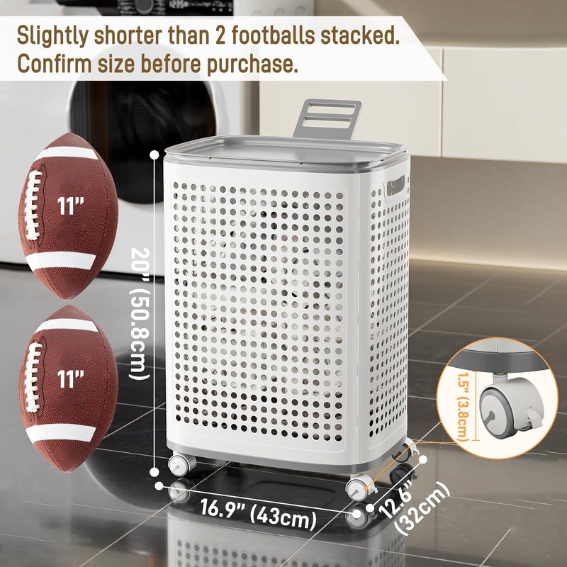 Laundry Basket with Wheels & Lid, Rolling Clothes Hamper with