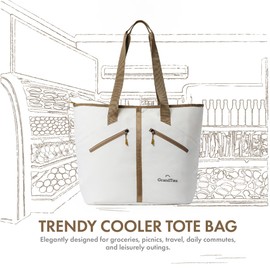 GrandTies Insulated Cooler Bag Tote Bags, Large Cooler, 30 Can Cooler with Zipper, Leakproof Insulated Grocery Bags, Beach Bag, Insulated Lunch Bag, Travel Soft Cooler, Food Delivery Picnic bag, Ivory