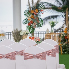 SINSSOWL Pack of 50 Spandex Sequins Chair Sashes Rose Gold Chair Bands with Buckles, Folding Chair Bows Ties for Party Wedding Fiesta Dining Chairs Decor - Sequin Rose Gold Chair Sashes