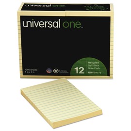 Universal One 28073 Recycled Self-Stick Note Pads, Lined, 4 x 6, Yellow, 100-Sheet, 12/Pack