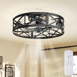 OLIXIS Ceiling Fans with Remote, Farmhouse Ceiling Fan, 19 Inch Low Profile Caged Fandelier, Flush Mount with 6 Wind Speeds, for Bedroom, Kitchen, Living Room, Bulbs Not Included, Black