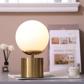 Cuaulans Gold Globe Table Lamp, Mid Century Modern Desk Lamp with Frosted Glass Shade, 10 Inch Round Bedside Lamp with Gold Metal Base for Bedroom Living Room and Table Home Decor
