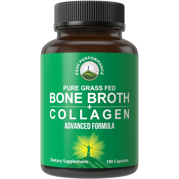 Bone Broth Collagen Capsules. 180 Pills of Grass Fed Bone Broth Collagen Protein Peptides. Contains All 3 Collagen Types 1, 2, and 3. Pure Pasture Raised Paleo Friendly Tablets for Women and Men