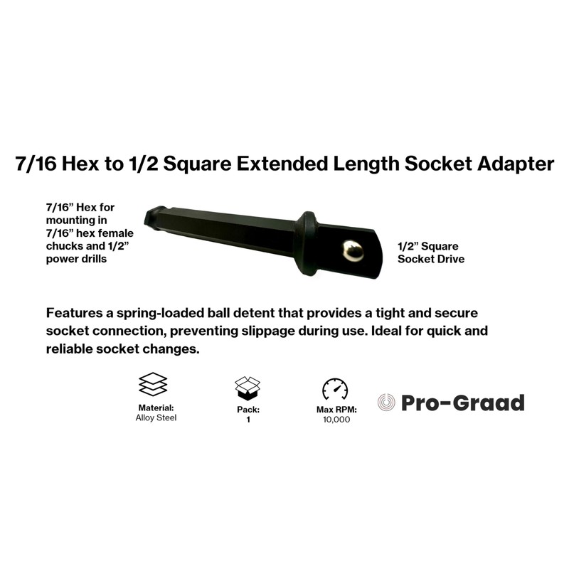 Pro-Graad 7/16 Hex to 1/2 Square Socket Extended Length Adapter