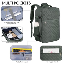 MOMUVO Large Travel Backpack Women, Flight Approved Carry On Backpack, Water Resistant Anti-Theft Large Casual Daypack Fit 17 Inch Laptop with USB Charging Port, Olive Green