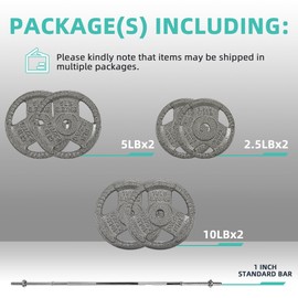 Fitvids Barbell Weight Set, Cast Iron 1" Standard Weight Plates Including 5FT Standard Barbell Bar & Star Locks, 45 Pounds Set (35 Lbs Plates + 10 Lbs Barbell Bar), Multiple Packages