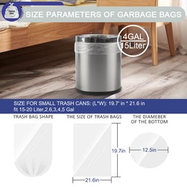 XUXRUS Small Bin Liners 15 Liter Bin Bags Clear Plastic Garbage Bags 200 Counts Wastebasket Pedal Bin Liners for Bathroom Bedroom Office,Fit 15-20 Liter, 2.6,3,4, Gal