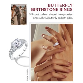 DAYBYDAY 2ct Cubic Zirconia Cushion Cut Engagement Ring 925 Sterling Silver Cz Rings for Women Created Diamond Butterfly Wedding Ring Size 8 April Birthstone Jewelry