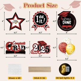 Graduation Party Decorations Class of 2025, 36 PCS Graduation Table Decorations, Grad Centerpieces Sticks with LED String Lights, Double Sided Grad Party Supplies for College High School, Black & Red