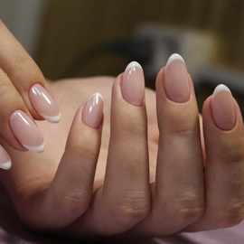 24pcs Almond False Nails - French Tip Press on Nails, Short Almond Nail Tips, Full Cover Classic French Tip, Stick On Nails for Women & Girls, Nail Art Gift