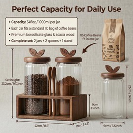 Glass Coffee Canister Set of 2 with Acacia Wood Lids and Spoons - Airtight Coffee Container for Ground Coffee, Sugar - Coffee Bar Accessories with Organizer Tray for Kitchen Counter (34floz Each)