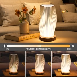 Focenat Bedside Lamp with Wooden Base, 9-Level Dimmable Bedside Lamp, Table Lamp Minimalist with PLA Lampshade, Small Table Lamp with Cable, for Bedroom, Bedside Table, Living Room