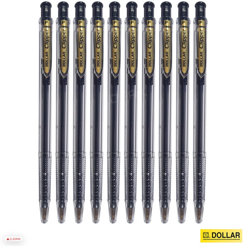 DOLLAR 10 x 0.8mm Clipper Ball Pen BLACK Retractable Soft