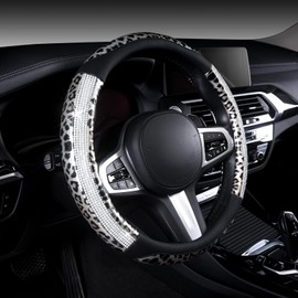 AUTOYOUTH Leopard Leather Steering Wheel Cover for Women Girls with Bling Bling Crystal Rhinestones Anti-Slip Cute Car Wheel Protector Universal 15 Inch Fit for Vehicle, Car, Auto, SUV, Black Silver…