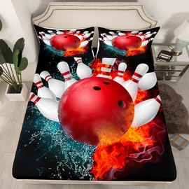 Erosebridal Bowling Party Sheet Set for Kids Boys Girls,Bowling Ball Bed Sheets Queen Size,Water and Fire Frame Bedding Set Bedroom Decor,Sports Ball Game Fitted Sheet + Top Sheet + 2 Pillowcases