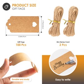 Gift Tags 100PCS Brown Tags with String, Heart-Shaped Blank Paper Labels 4.5x9cm for Wedding, Birthday, Gift Wrapping