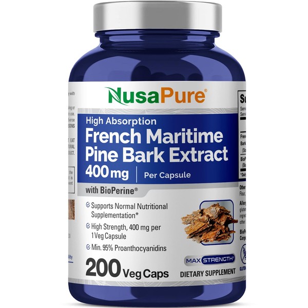 NusaPure French Maritime Pine Bark Extract 400mg per Veggie Caps, 200-Day Supply, Bioperine, Non-GMO, Gluten Free