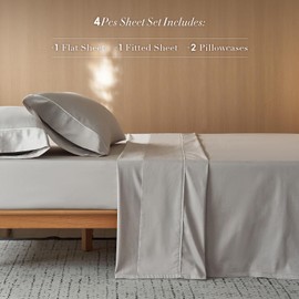 MooMee King Sheet Set Extra Long Staple Cotton 600 TC Egyptian Cotton Texture Luxury Silky Sateen Sheets Ultra Soft Comfy Durable with White Border Contrast Trim (Silver Gray, King)