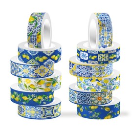 Bolsome 12Rolls Lemon Washi Tape Blue Tiles Yellow Lemon Printed Decorative Washi Tape Summer Fruits Adhesive Stickers for Wedding Bridal Shower for Scrapbook Journal DIY Craft
