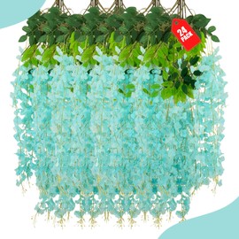ZEBMOON 24 Pack Teal Wisteria Hanging Flowers, 3.77 Ft Fake Hanging Flowers, Artificial Wisteria Garland Vines for Wedding Room Backdrop Outdoor Patio Garden Decoration