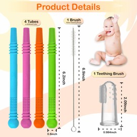 M. Emami Baby Teether Tubes - Pack of 4 Hollow Teething Sticks with 1 Cleaning Brush & Toothbrush - 100% Food Grade Silicone, BPA Free, and Dishwasher Safe - 4 Vibrant Colors for 6-18 Months Babies