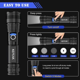 KEPEAK Flashlight, Rechargeable 5000 High Lumen Tactical Handheld Waterproof Zoomable LED Flashlight with 5 Light Modes for Emergency, Camping and Hiking
