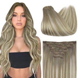 Fshine Clip-In Human Hair Extensions, 50 cm / 14 Inches, 120 g, 7 Pieces, Dirty Blonde Highlights Bleach Blonde Hair Extensions, Clip-In Real Hair, Remy Clip-In Hair Extensions, Real Hair Extensions