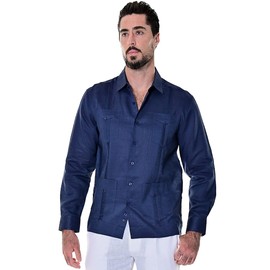 bohio Guayabera Shirt for Men - Linen Classic Traditional 4-Pocket Chacavana Mexican (8) Colors - MLS501 Navy/L