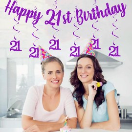 bng-bng 21st Birthday Party Decorations with Happy 21st Birthday Bunting Banner Hanging Swirls Streamers for Girl Women Adult 21 Birthday Anniversary Party Decor Supplies purple
