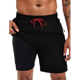 Atforna Men's Long 2-in-1 Swimming Shorts with Compression Quick-Drying Breathable Swim Shorts with Zip Pocket Adjustable Drawstring, black