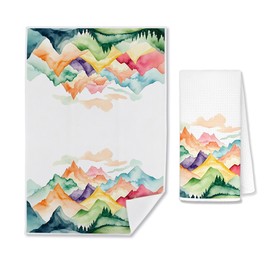 Forest Charger Watercolor Mountain Hand Towel - 16x24 Inch Waffle Weave Decorative Kitchen & Bathroom Towel - Artistic Landscape Design, Housewarming Gift for Farmhouse, Cabin, Christmas, Birthday