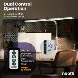 Neatfi Modern Desk Lamp with Clamp, Touch & Remote Controlled, 15W, Adjustable Color Temperature (3000K-6000K), Stepless Dimming, Flicker-Free, Wide-Angle Lighting for Home (Gooseneck, Silver)