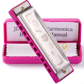 JDR Blues Harmonica Diatonic 10 Holes C Key Armonica Mouth Organ for Beginner Kids Children Students Gift With Carrying Plastic Case Clean Cloth and Manual Pink