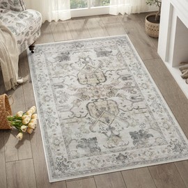 jinchan 3x5 Machine Washable Area Rugs for Entryway - Distressed Vintage Floral Ultra-Thin Low-Pile Soft Non-Shedding Indoor Floor Carpet for Kitchen Bedroom Entrance Laundry Living Room(3x5ft,Taupe)