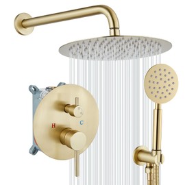gotonovo 10 Inch Round Rain Shower System Wall Mounted Bathroom Mixer Combo Set High Pressure Shower Head with Rough in Valve Round Handheld Brushed Gold