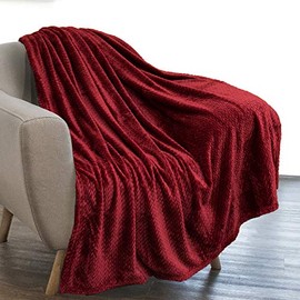 PAVILIA Luxury Flannel Fleece Blanket Throw Burgundy Wine Red | Soft Decorative Jacquard Weave Microfiber Throw for Bed Sofa Couch | Velvet Textured Leaves Pattern | Lightweight Plush Cozy | 50"x60"