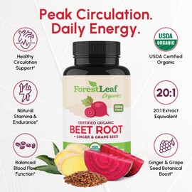 ForestLeaf USDA Organic Beet Root Capsules - Beetroot Supplement 16000 mg Strength 20:1 Extract w/Ginger Grape Seed - Support Blood Pressure, Nitric Oxide, Flow, Circulation - Made in USA - 120 Caps