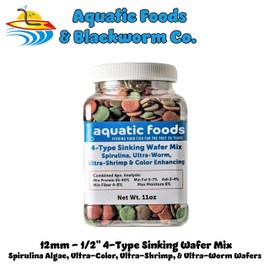 Aquatic Foods Inc. 4-Type 12mm - 1/2" Sinking Wafer Mix of Spirulina-Algae, Ultra-Worm, Ultra-Shrimp, Color Enhancing Wafers for Shrimp, Snails, Crabs, Crayfish, All Tropical Fish..11oz Small Jar