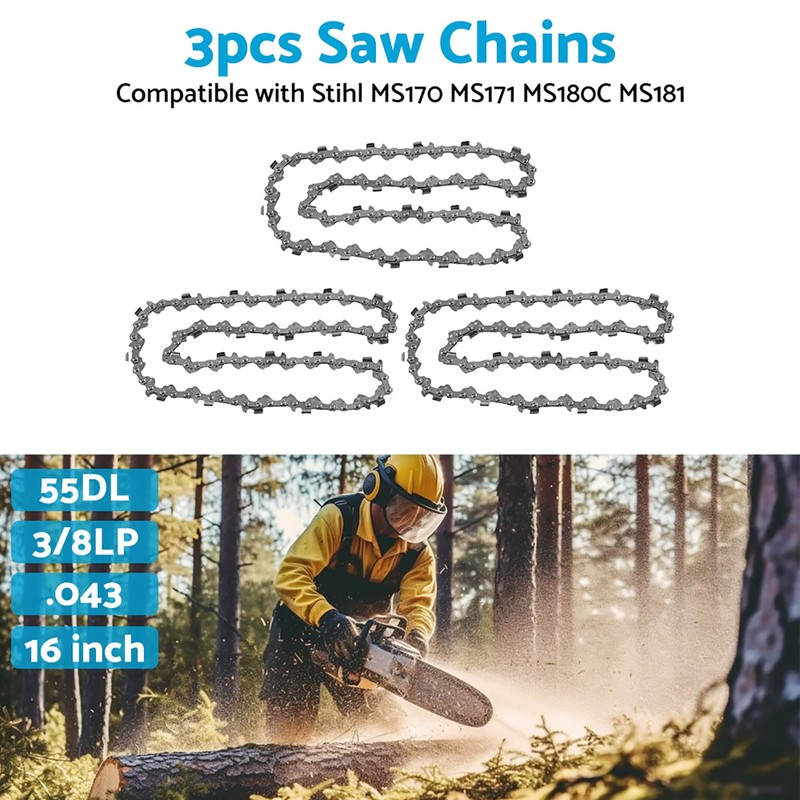 3PCS Chainsaw Chains 16" 55DL 3/8 LP .043 Replacement Chains