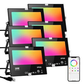 LED Flood Lights RGB Color Changing 300W Equivalent Outdoor, 30W Bluetooth Smart RGB Floodlight APP Control, IP66 Waterproof, Timing, 2700K&16 Million Colors 23 Modes for Garden Stage Lighting 6 Pack