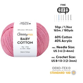 HobbyMia Baby Cotton Yarn for Crocheting - 50g / 180yds - (2) Fine, Sport Weight Yarn - Soft Amigurumi Yarn for Crochet Thread - 60% Cotton & 40% Acrylic Yarn (Muted Pink, 1 Ball)