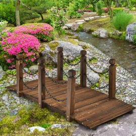 Giantex 5 FT Wooden Garden Bridge, Stained Wood Arc Footbridge with Chain Railings for Backyard Creek Farm, Decorative Pond Bridge, Easy to Assemble, 400 lbs Capacity (Brown)
