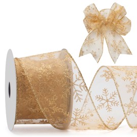 Gold Sheer Organza Wired Ribbon with Gold Glitter Snowflake Pattern, 2.5 Inch x 20 Yards Snowflake Glitter Ribbon for Christmas Tree, Gift Wrapping, Crafts, Bows Making, Floral, Garlands