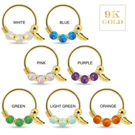 AZARIO LONDON 9K Solid Yellow Gold Triple Pink Opal Bead with Leaf 22 Gauge Hoop Nose Piercing Ring Jewellery